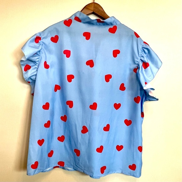 hearts blouse keyhole bow neck ruffle sleeves - Picture 4 of 5